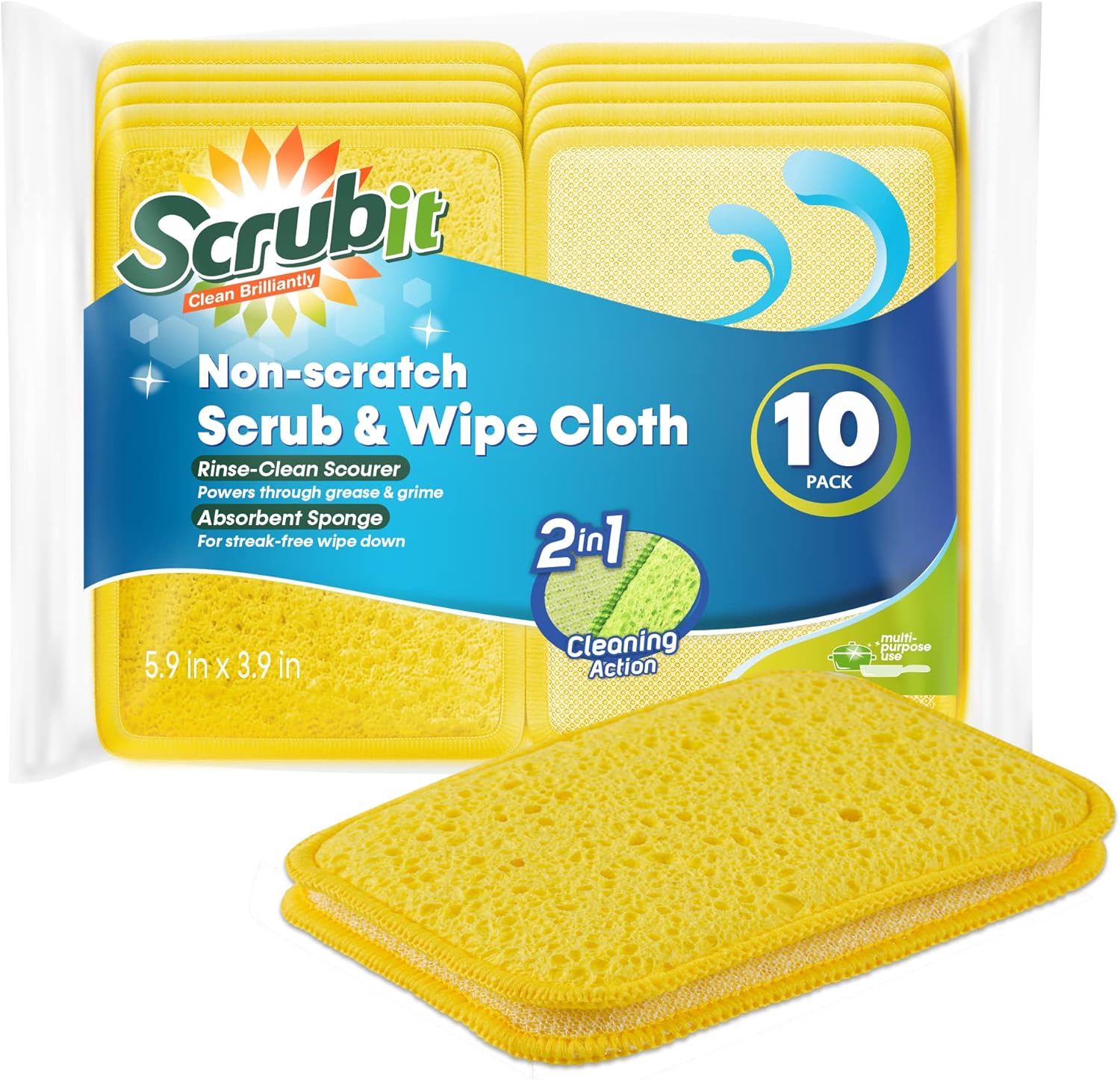 Scrub and Wipe Cleaning Pads [10 Pack] – SCRUBIT Dual Sided Scouring Pad and Sponge - Reusable Kitchen Scrubbing Sponges for Dishes, Pots, Pans Utensils & Non-Stick Cookware (Yellow)