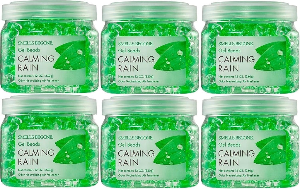SMELLS BEGONE Odor Eliminator Gel Beads - 12 oz, Pack of 6 - Eliminates Odor in Bathrooms, Cars, Boats, RVs & Pet Areas - Air Freshener - Made with Essential Oils - Calming Rain Scent