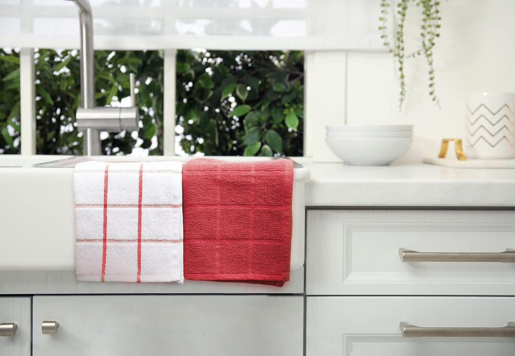 100% Cotton Terry Dish Cloth & Dish Towel, 6 Pack, Super Soft and Absorbent Kitchen Towels, Perfect for Kitchen Cleaning and Dish Washing (RED (Solid and Checks) 8 Pack)