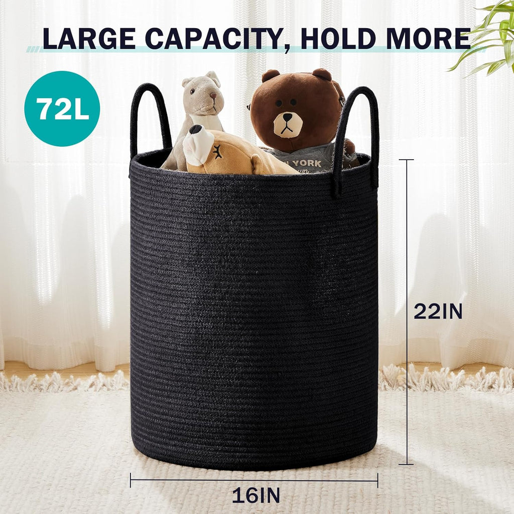 YOUDENOVA Woven Rope Laundry Hamper Basket, 72L Tall Luandry Basket, Baby Nursery Hamper for Blanket Storage in Bedroom-Large- Black