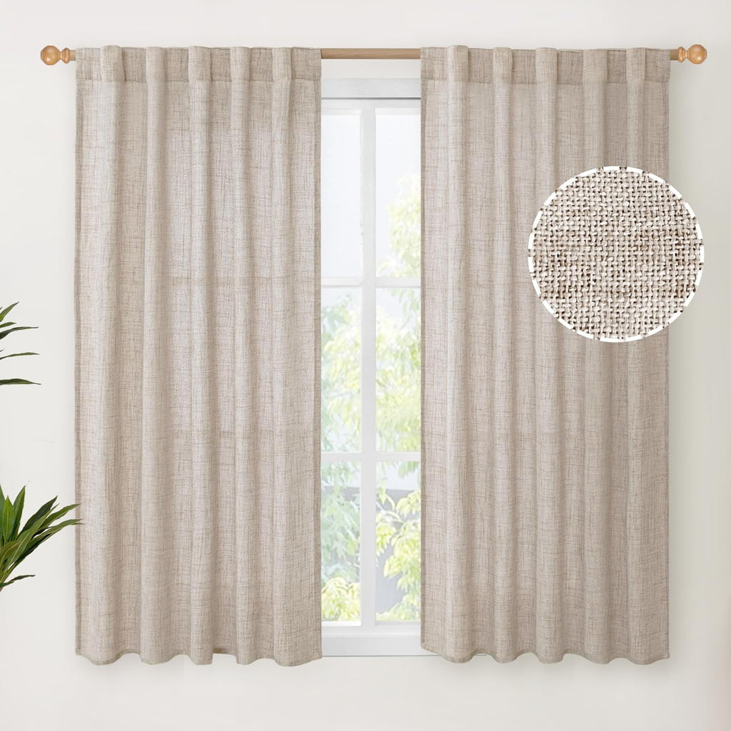 YoungsTex Short Linen Curtains 45 Inch Length for Cafe Window, Natural Light Filtering Drapes with Rod Pocket Back Tab Semi Sheer for Kitchen Window, 2 Panels, 42 X 45 Inch
