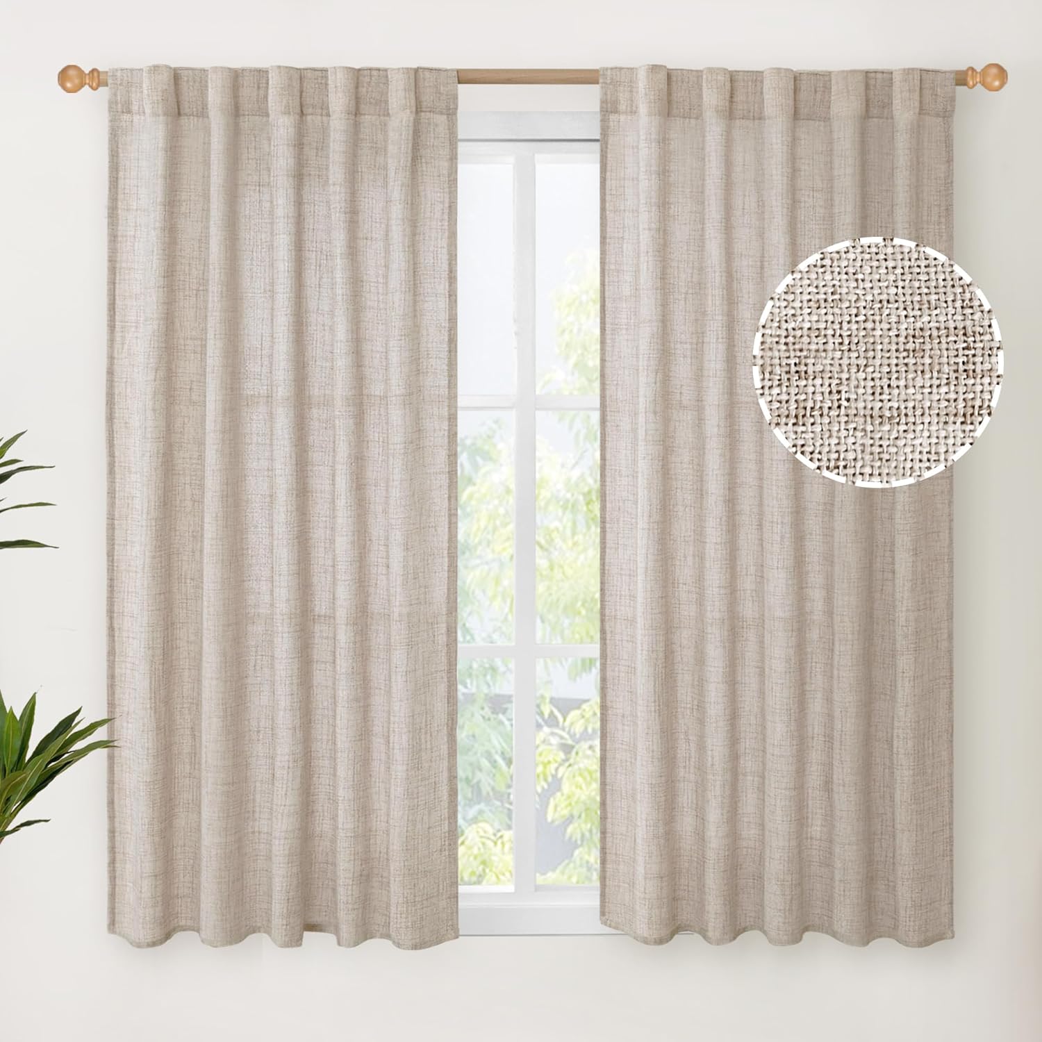 YoungsTex Short Linen Curtains 45 Inch Length for Cafe Window, Natural Light Filtering Drapes with Rod Pocket Back Tab Semi Sheer for Kitchen Window, 2 Panels, 42 X 45 Inch