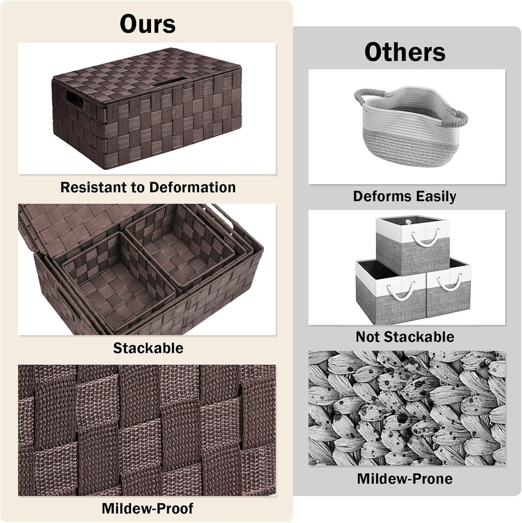 Storage Bins Baskets for Organizing with Lids, Storage Baskets for Shelves Stackable Woven Basket, Gift Small Basket Storage Cubes, Decorative Wicker Basket with Built-in Handles (5 Pack, Brown)