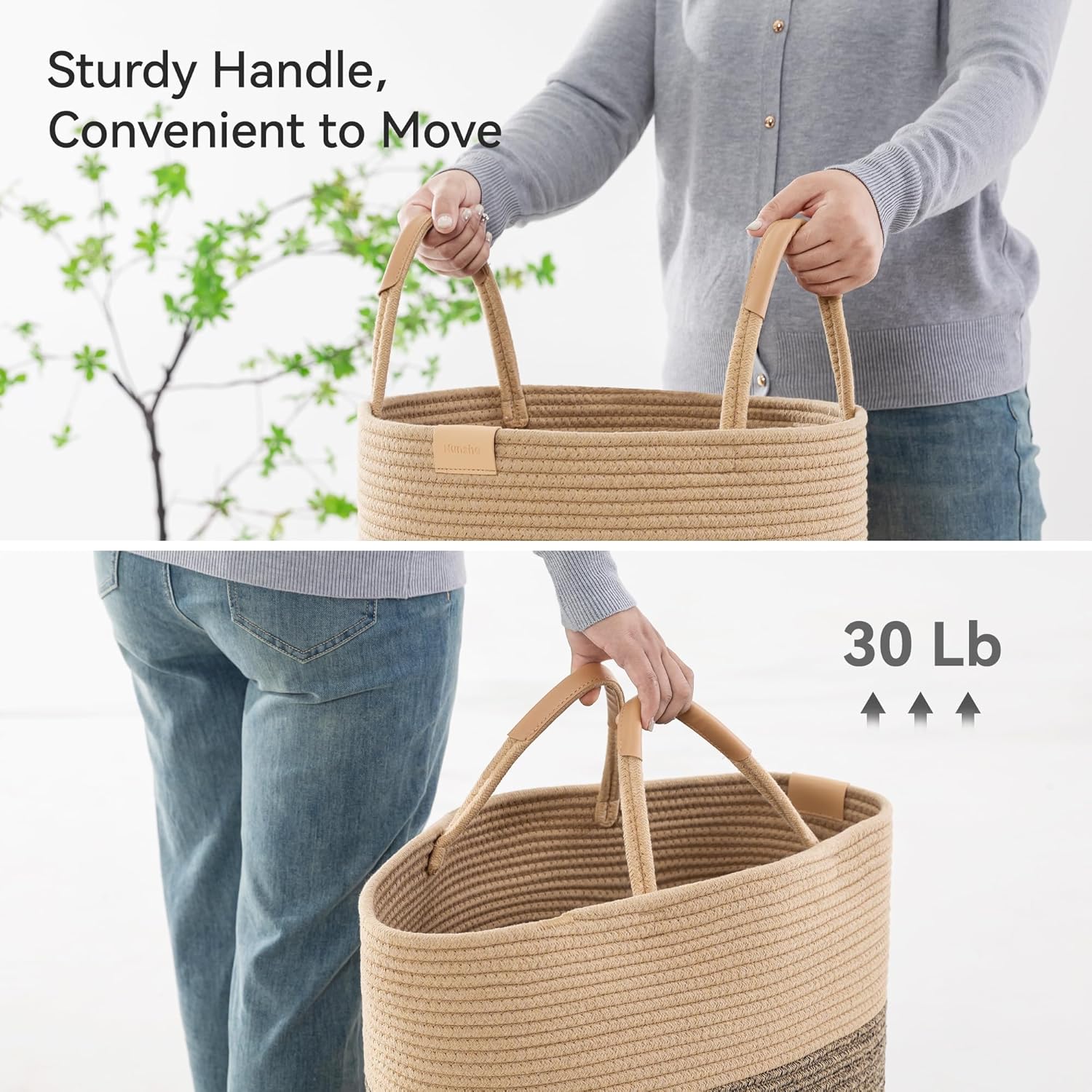 95L Striped Laundry Hamper with Leather Handles,Large Foldable Laundry Basket for Clothes,Cotton Rope Storage Bin for Blankets,Woven Clothes Basket for Bedroom,Dark Brown Stripes