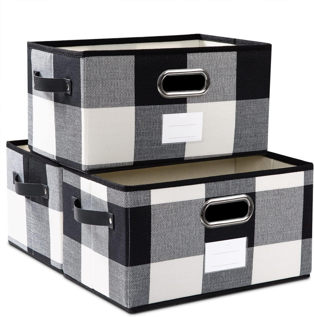 PRANDOM Fodable Storage Bins for Closet [3-pack] Decorative Fabric Storage Baskets Cubes with Leather/Metal Handles for Shelves Bedroom Living Room Black and White Grid (11.5x8.5x6.7 Inch)