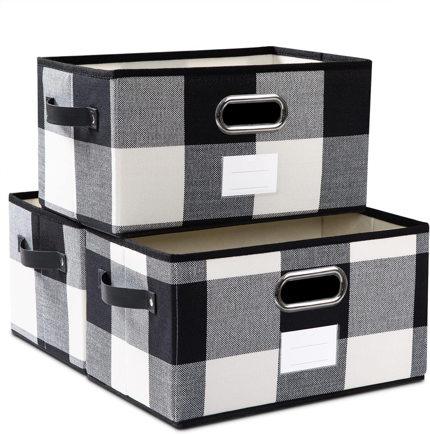 PRANDOM Fodable Storage Bins for Closet [3-pack] Decorative Fabric Storage Baskets Cubes with Leather/Metal Handles for Shelves Bedroom Living Room Black and White Grid (11.5x8.5x6.7 Inch)