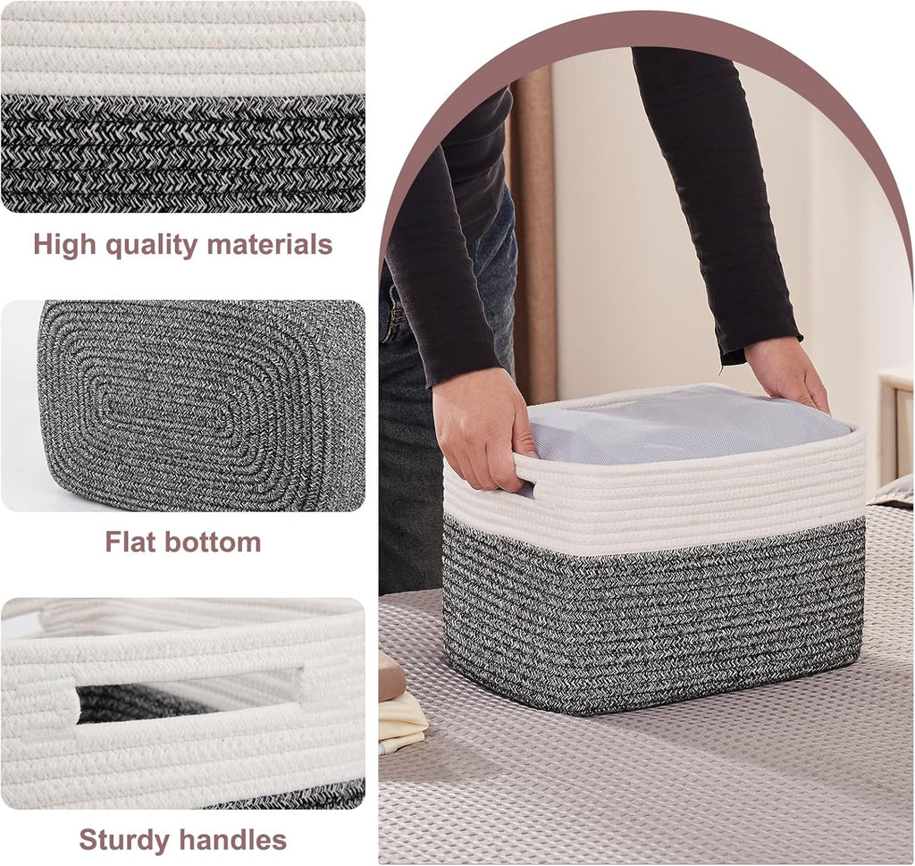 OIAHOMY 4 Pack Storage Baskets for Organizing, Basket for Shelves with Handle, Woven Baskets for Storage Toys, Towels, Books, Cotton Rope Basket 13" L x 9 " W x 7.8 " H, Black & White