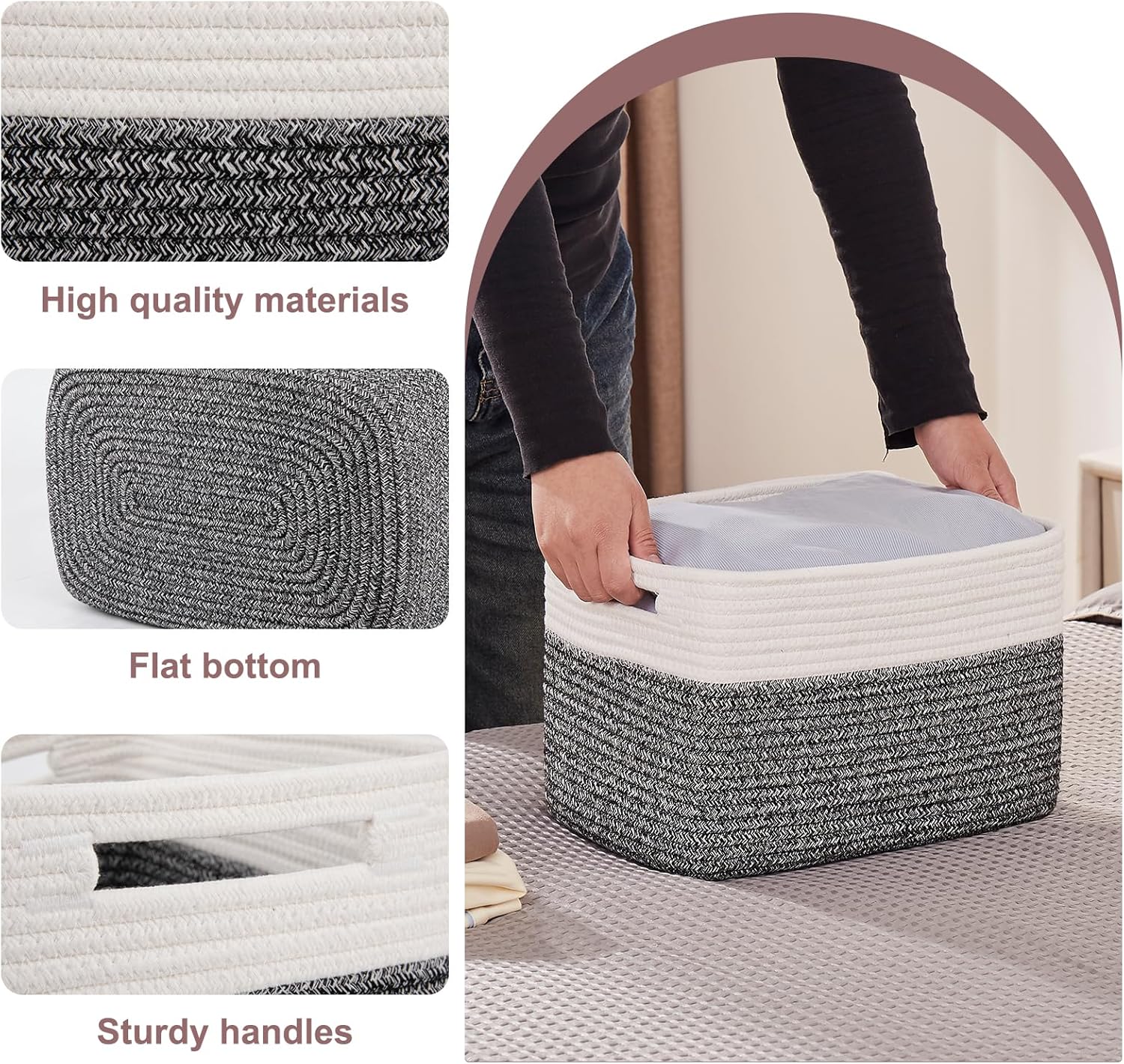 OIAHOMY 4 Pack Storage Baskets for Organizing, Basket for Shelves with Handle, Woven Baskets for Storage Toys, Towels, Books, Cotton Rope Basket 13" L x 9 " W x 7.8 " H, Black & White