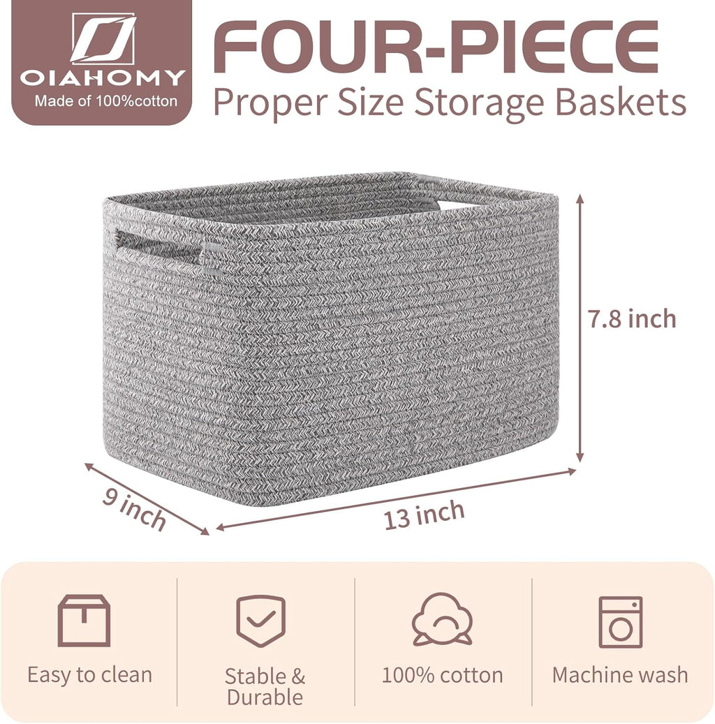 OIAHOMY 4 Pack Storage Baskets for Organizing, Cube Storage Bins for Shelves, Rectangle Storage Baskets With Handles, Woven Baskets for Storage, 12.7''Lx9''Wx7.8''H, Grey