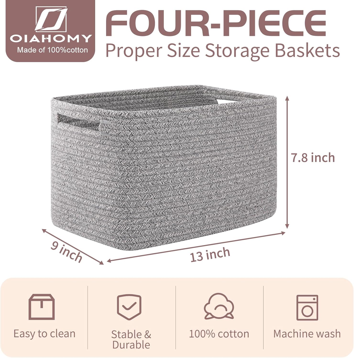 OIAHOMY 4 Pack Storage Baskets for Organizing, Cube Storage Bins for Shelves, Rectangle Storage Baskets With Handles, Woven Baskets for Storage, 12.7''Lx9''Wx7.8''H, Grey