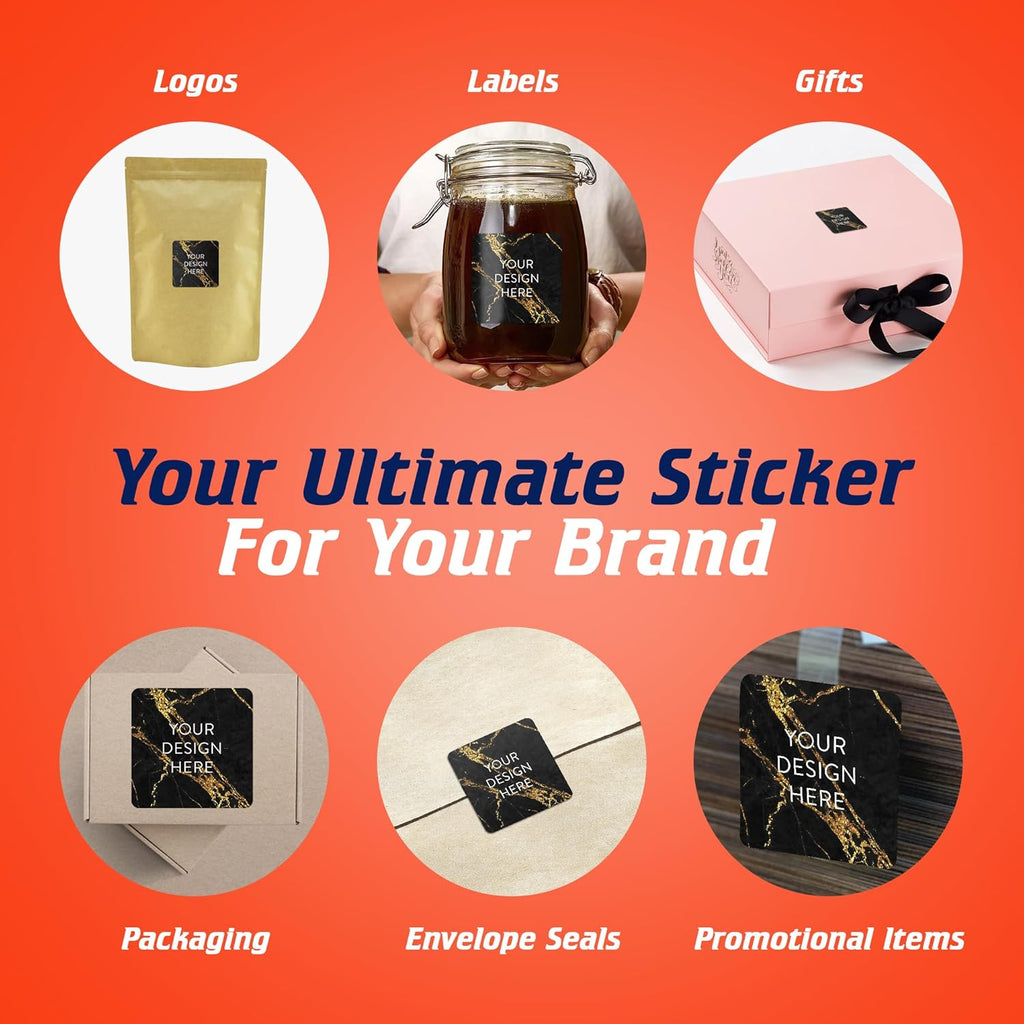 100 Custom Vinyl Stickers - Upload Your own Image, Text, Design, Logo - Personalized Logo Labels for Handmade, Packaging, Bottle, Jars, Candle, Brand Stickers (Black Gold Marble, 1.5x1.5 Square)