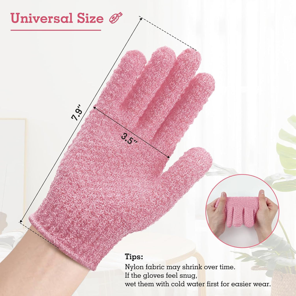 Evridwear Exfoliating Gloves for Shower, 100% Nylon Thick Soft Medium Heavy Bathing Gloves Dead Skin Remover Body Scrubber Smooth Skin with Hang Loop, 2 Pairs Moderate Pink