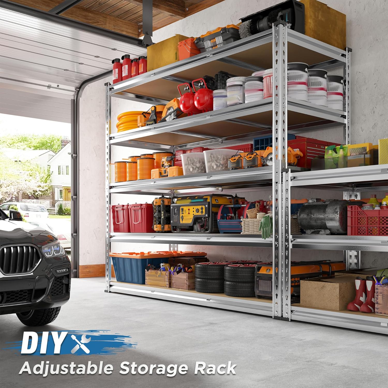 REIBII Garage Shelving, 5 Tier Storage Shelves Load 3000LBS, Adjustable Garage Shelving Heavy Duty, Metal Shelves Unit for Basement, Warehouse, 48" W x 72" H x 18" D, Galvanized