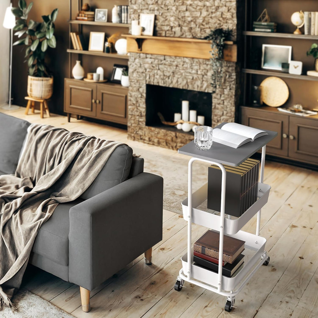 Simple Houseware 2-Tier Rolling Utility Cart with Lockable Wheels and Wood Top, Metal Storage Organizer Trolley for Kitchen, Bathroom, Office, Craft Room, Grey