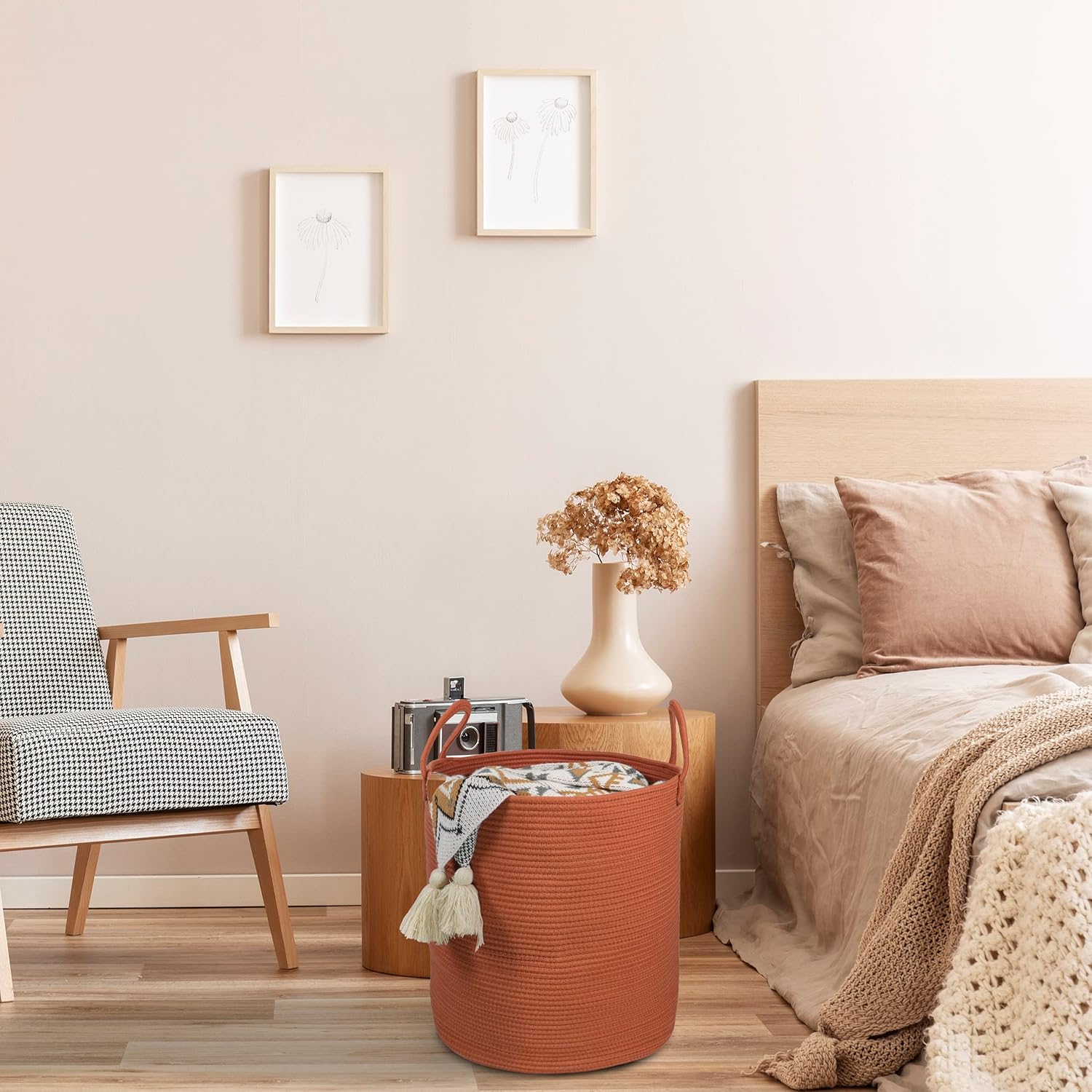 Cotton Rope Laundry Basket Hamper for Clothes Woven Storage Basket for Living Room Bedroom Boho Tall Rope Baskets for Blanket Toys Pillow Towels Baby Nursery Hamper Bin Large rust red