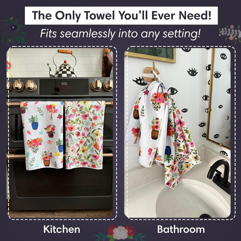 2 Double Sided Microfiber Hand Towels, 17x27 Inches Waffle Design Kitchen Towels Set, Durable & Soft Fast Drying Hand Wash Cloth, Everyday Use Dishcloth at Home (Petal Lane/Posey)
