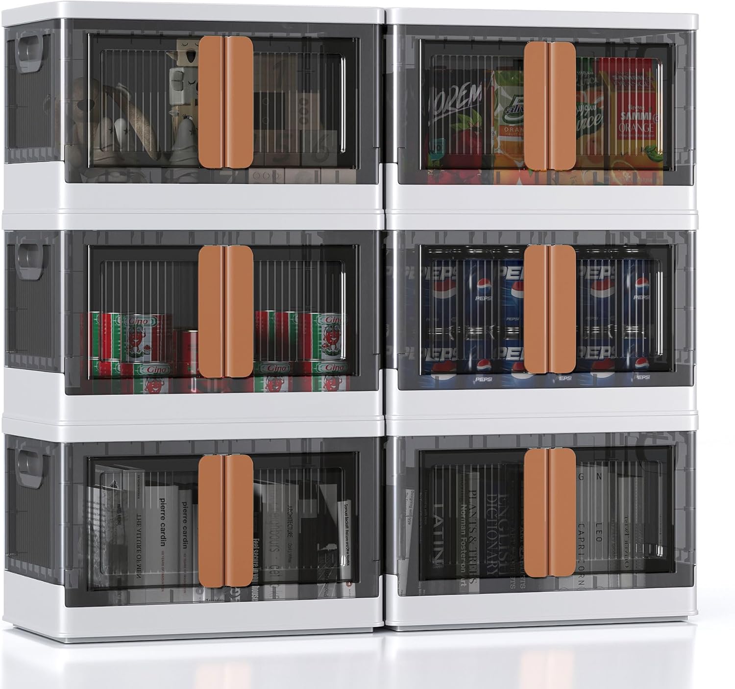 8.4Gal Collapsible Storage Bins with Lids & Wheels - 6 Pack Stackable with Doors, Heavy-Duty Plastic Containers for Home/Office, White