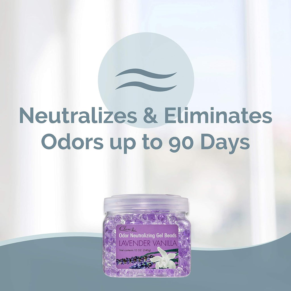 Clear Air Odor Eliminator Gel Beads - 12 oz, Pack of 2 - Air Freshener Made with Essential Oils - Eliminates Odors in Bathrooms, Cars, Boats, RVs & Pet Areas - Lavender Vanilla Scent