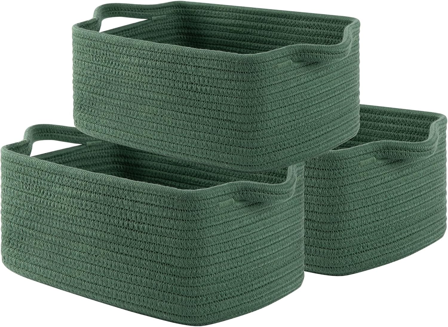 OIAHOMY Cotton Rope Woven Baskets for Storage, Nursery Rectangle Storage Basket with Handles for Shelves, Pack of 3, Green
