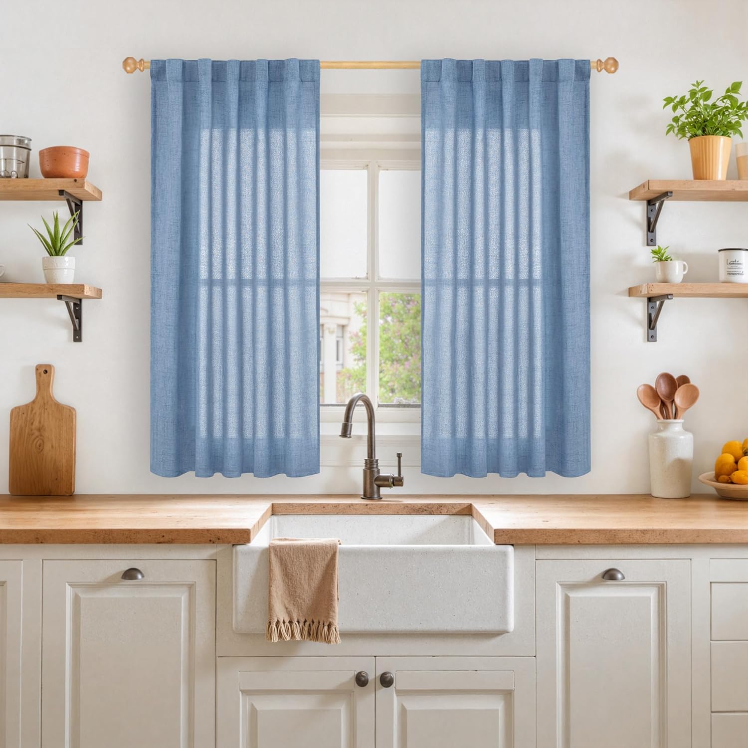 YoungsTex Denim Blue Short Linen Curtains 45 Inches Length for Kitchen, Light Filtering Semi Sheer Drapes with Rod Pocket Back Tab for Bedroom Cafe Small Window Privacy, 42 x 45 Inch, 2 Panels