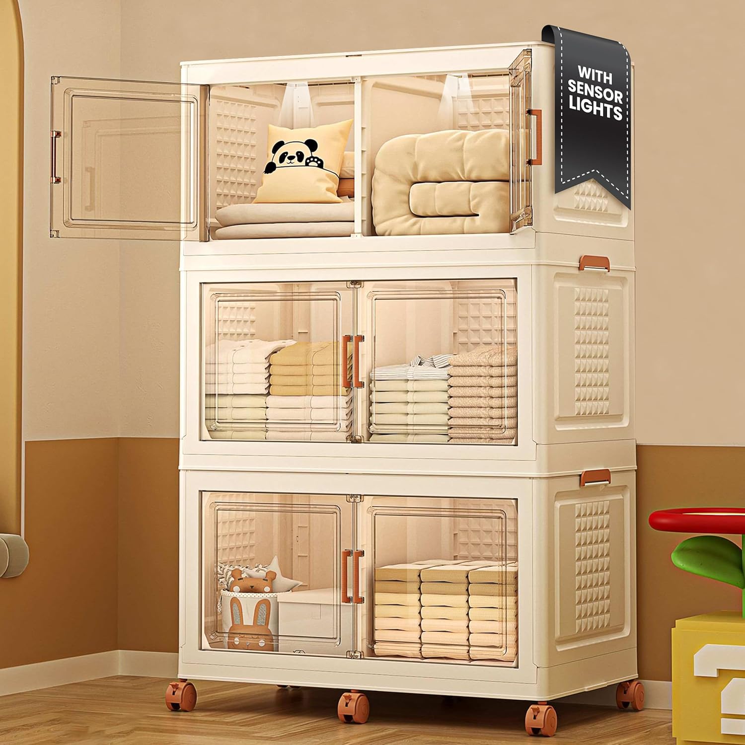 568QT/141Gal 3 Layer Stackable Storage Bins with Lid & Doors - Sensor Lights, Collapsible Storage Bin with 6 Wheels, Plastic Foldable Organizer for Home, Office Use