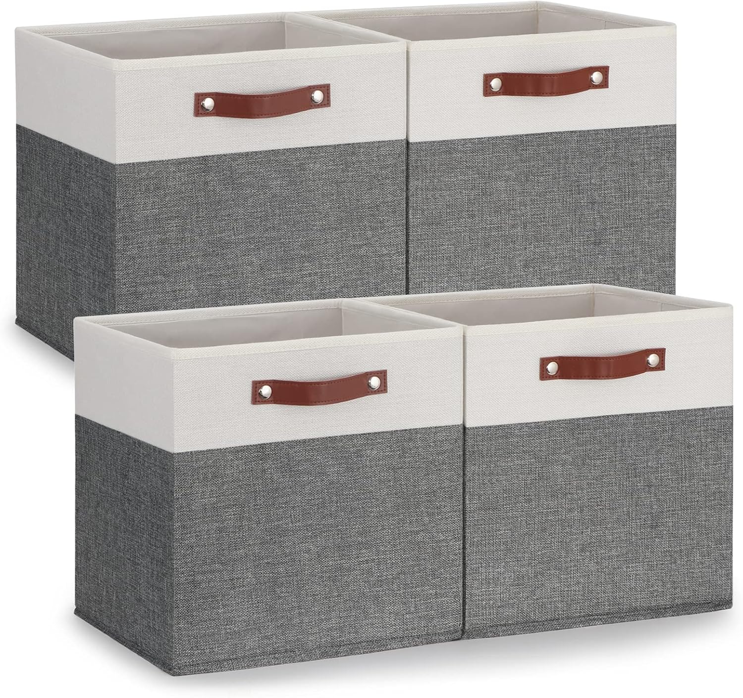 Temary 13x13 Storage Cubes 4 Pack Fabric Cube Storage Bins Large Storage Baskets with Leather Handles, Decorative Storage Boxes for Organizing Closet, Clothes, Foldable Cloth Baskets for Shelves