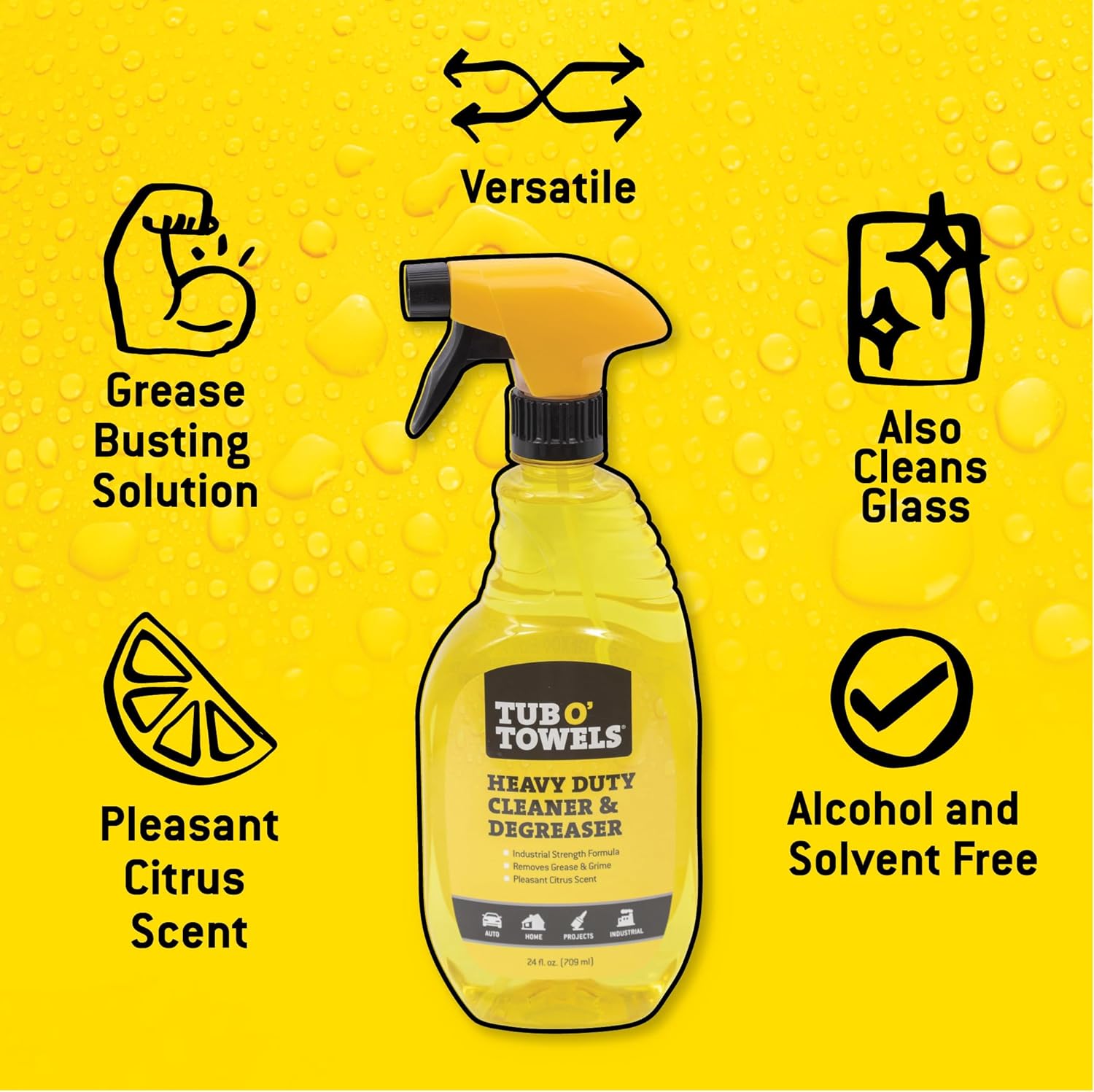 Tub O' Towels Heavy Duty Cleaner and Degreaser Spray Helps in Removing Oil Tar Paint Dirt Caulk Grease Grime Gunk Epoxies, Industrial Strength, Home & Auto, Made In USA, Citrus Scent, 24oz, 12-Pack