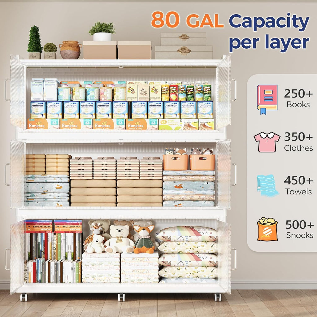 240GAL Extra Large Storage Bins with Lid, 960QT Collapsible Organizer with Wheels, Stackable Closet Cabinet with Doors, Folding Storage Containers for Home, Office, Dorm, 3Pack White