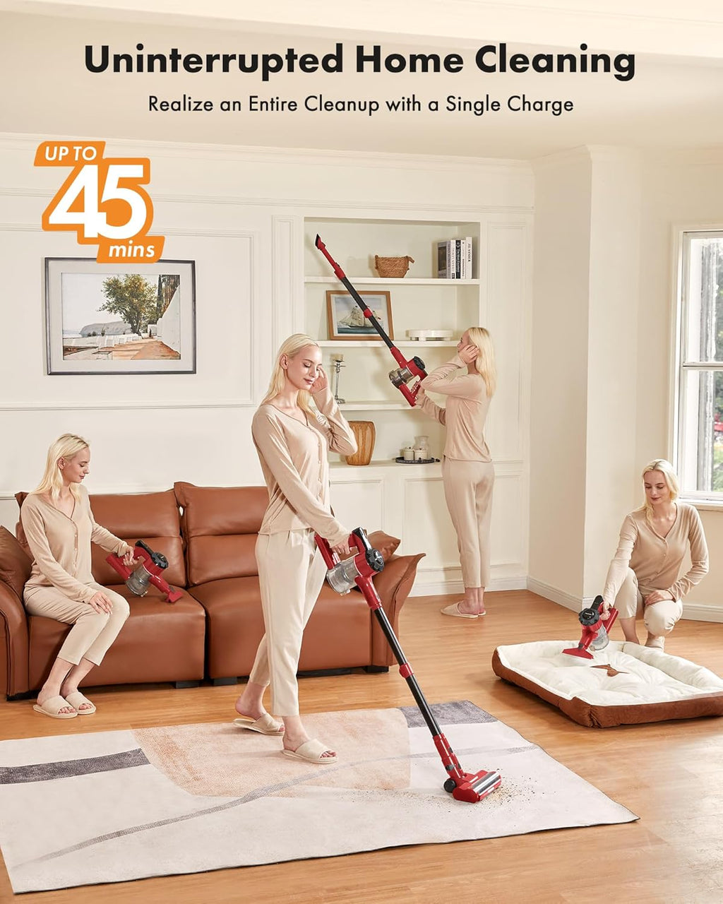 Trucozie Cordless Vacuum Cleaner, 8-in-1 Lightweight Stick Vacuum with 45mins Runtime, Powerful Suction, Rechargeable Cordless Vacuum for Carpet, Tile, Pet Hair, Hardwood Floors, Red