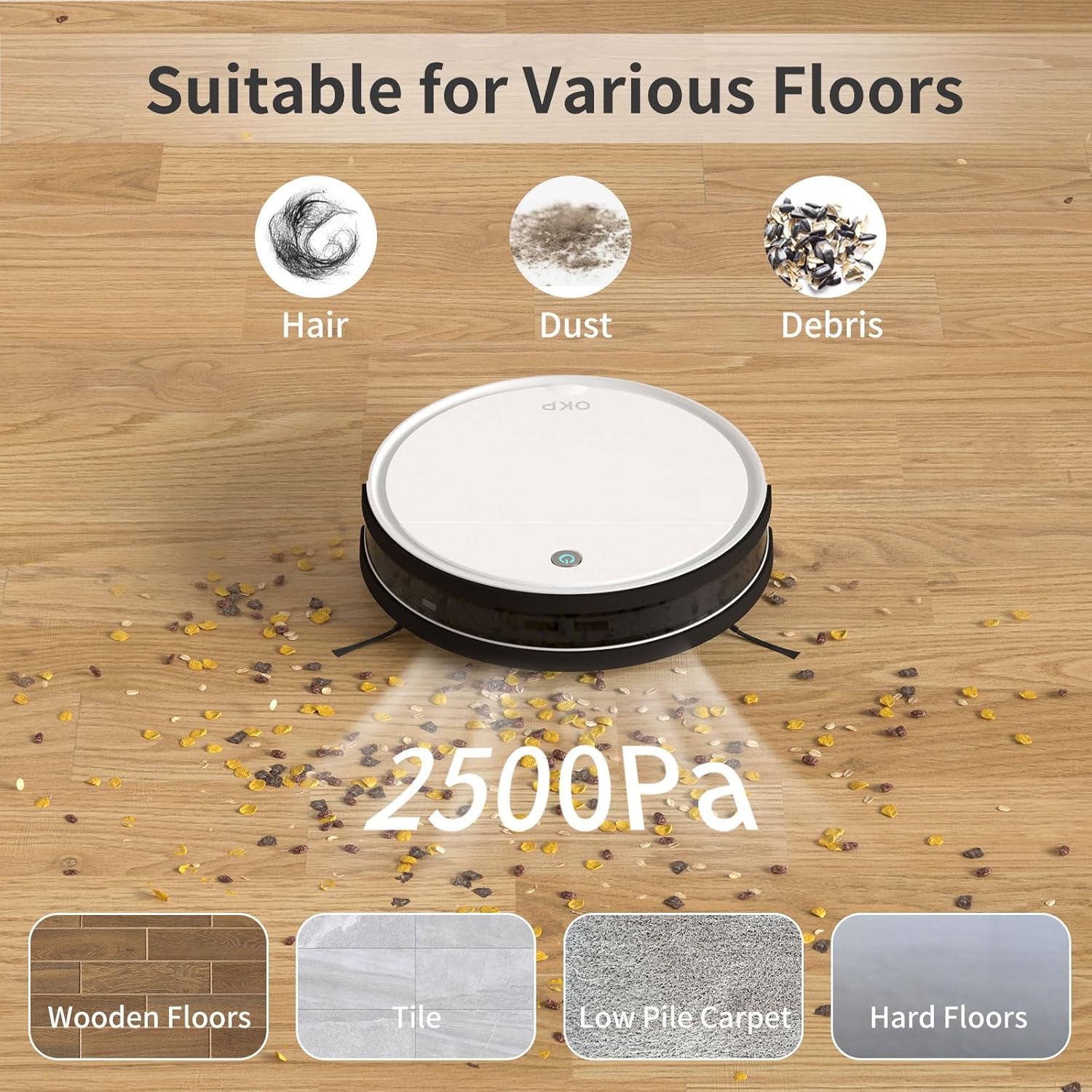 OKP K5 Robot Vacuum Cleaner, No Tangled Hair, Super Thin, 2500pa Suction, Cleaning Schedules, Self-Charging, Robotic Vacuums with Wi-Fi/App/Alexa Control, Ideal for Pet Hair Carpets Hard Floors