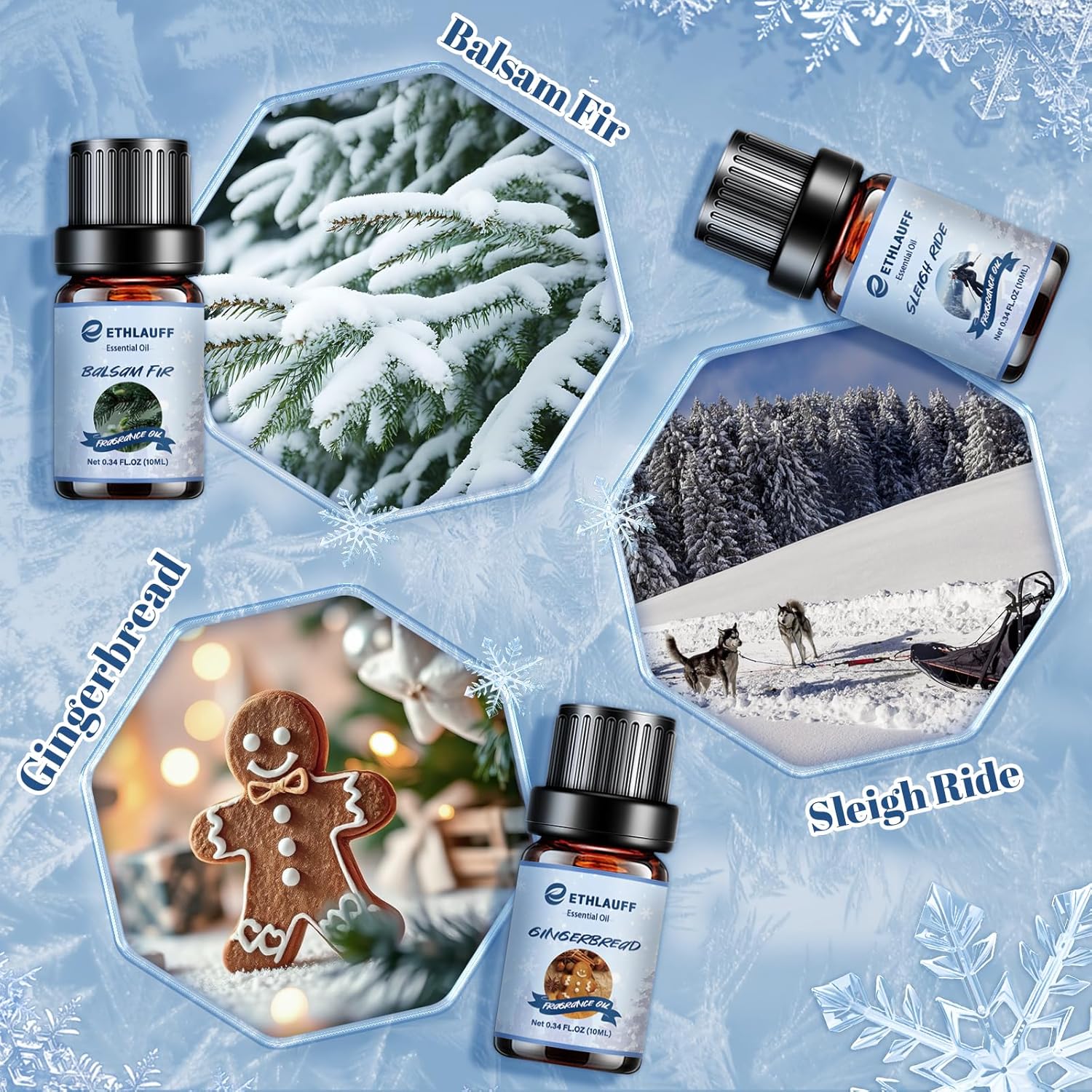 Essential Oils Set, Winter, Warm Woollen Blanket, Balsam Fir, Snow Walk, Sleigh Ride, Gingerbread