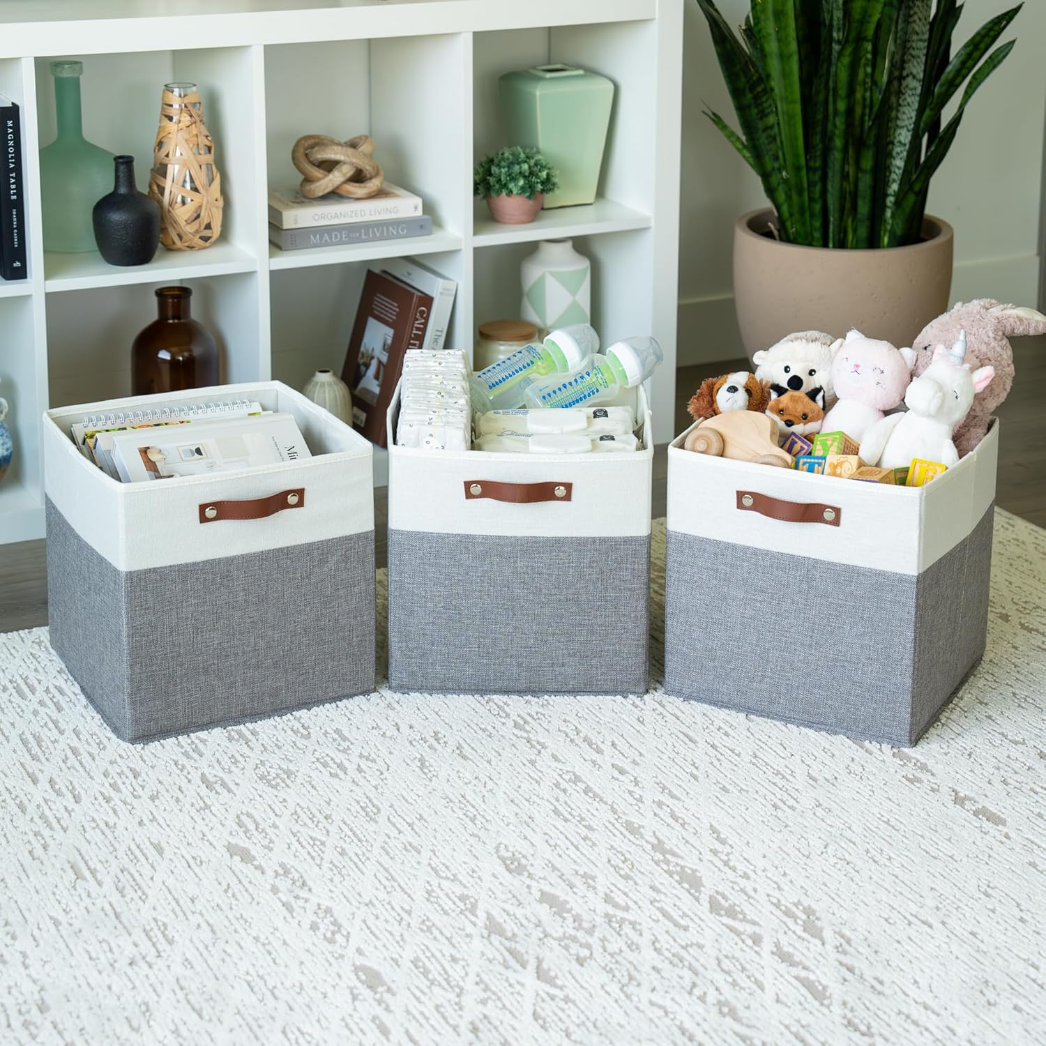 OrganiHaus 13x13 Cube Fabric Storage Bins Set of 4, Fabric Storage Cubes w/ Vegan Handles, 13 inch Collapsible Bins for Clothes & Toys Organizer, Cubbies Organizer, 13x13 Basket for Decor - Grey/White