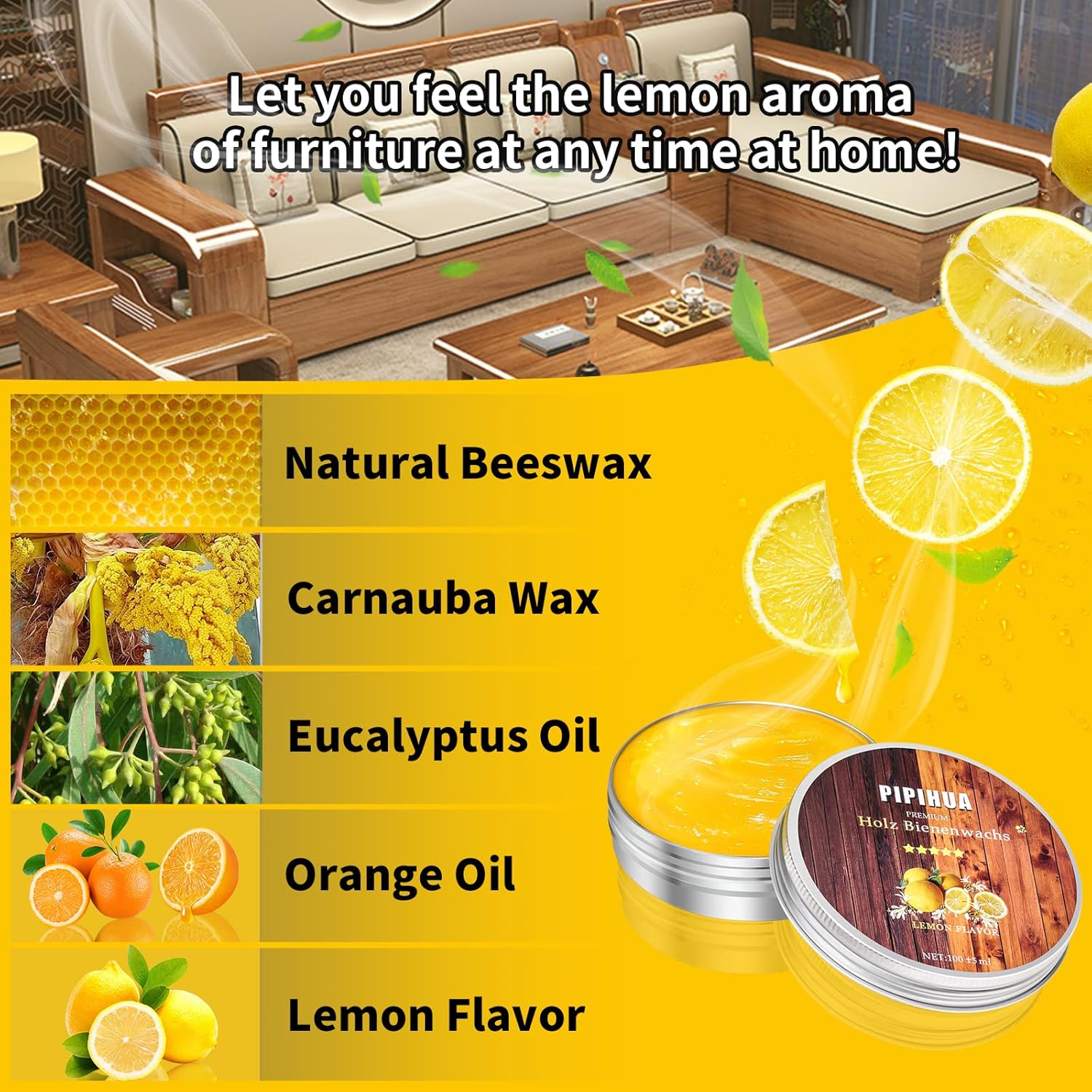 PIPIHUA Beeswax Polish and Conditioner for Wood Furniture - Waterproof & Restorer Wood Wax, Multipurpose Beeswax Furniture Polish and Cleaner for All Types and Colours, Lemon(2×100g with 3 Sponges)
