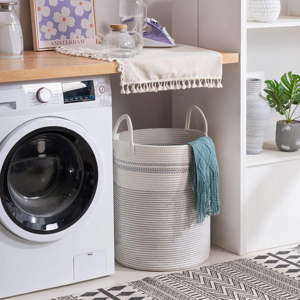 YOUDENOVA Woven Rope Laundry Hamper Basket, 58L Tall Luandry Basket, Baby Nursery Hamper for Blanket Storage, Clothes Hamper for Laundry in Bedroom-Large-Stripe White