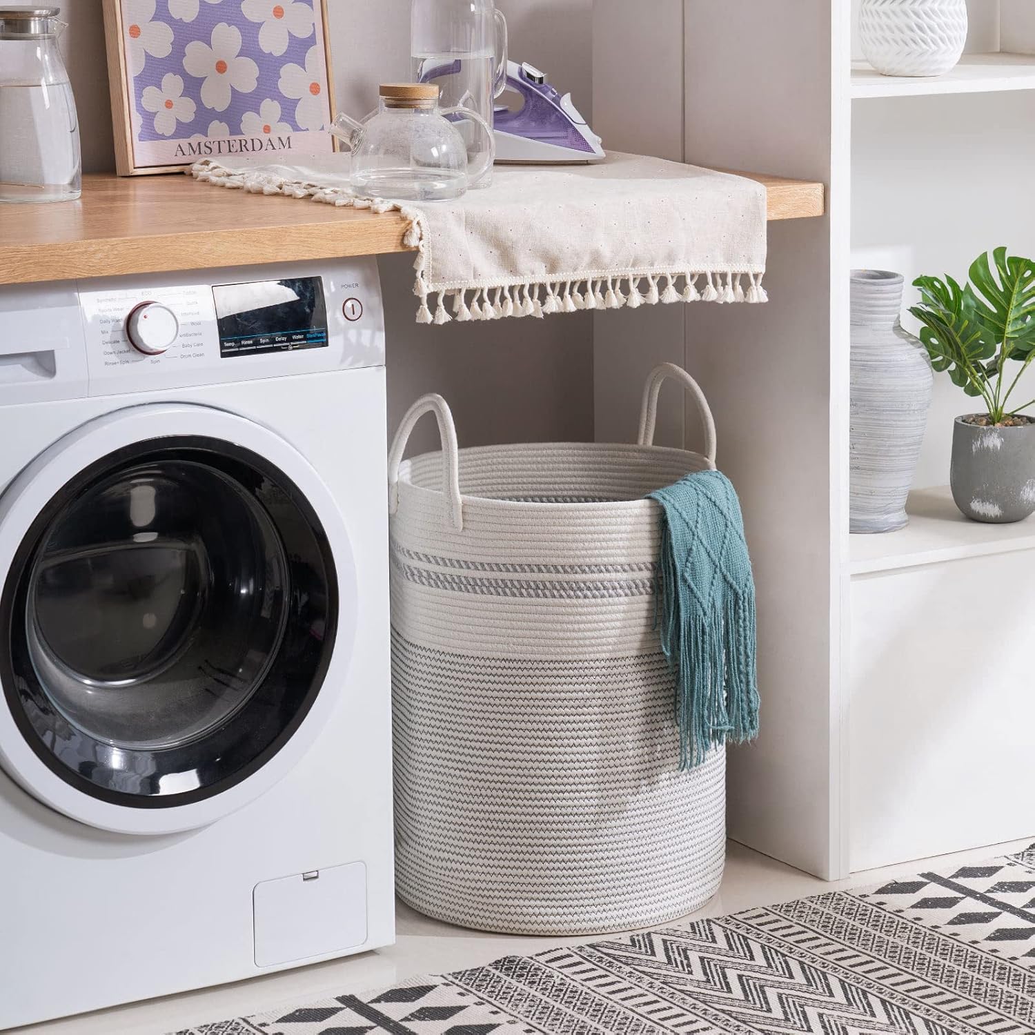 YOUDENOVA Woven Rope Laundry Hamper Basket, 58L Tall Luandry Basket, Baby Nursery Hamper for Blanket Storage, Clothes Hamper for Laundry in Bedroom-Large-Stripe White