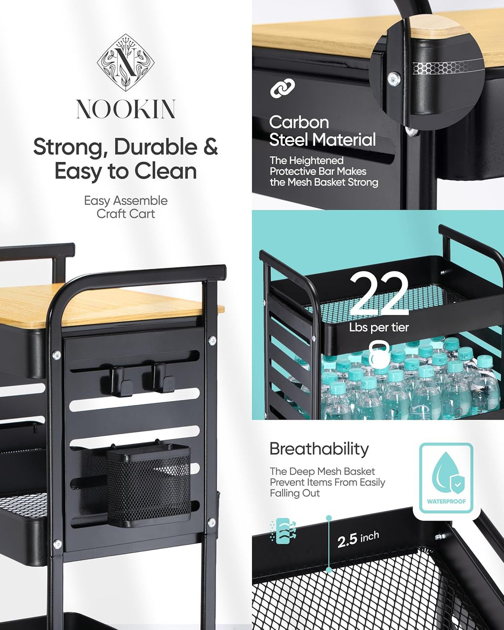 Art Cart with Tabletop & Pegboard - 3-Tier Rolling Utility Cart with Wheels, 2 Baskets & 6 Hooks - Metal Storage Organizer for Home, Office, Crafting & Kids’ Art Supplies (Black)