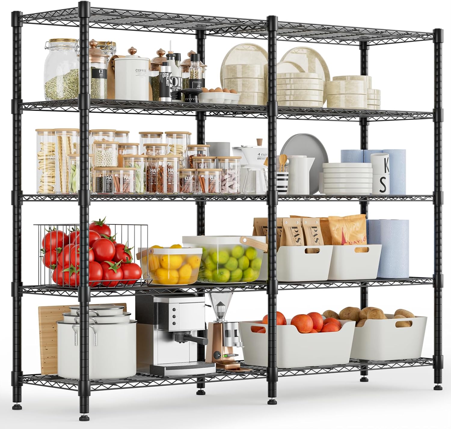Himimi 72" W Wire Rack Shelving-2000LBS Capacity, Adjustable Storage Shelves Metal Shelves for Storage, 5-Tier Heavy Duty Wire Organizer for Kitchen, Garage, Pantry, 72" W x 18" D x 72" H, Black
