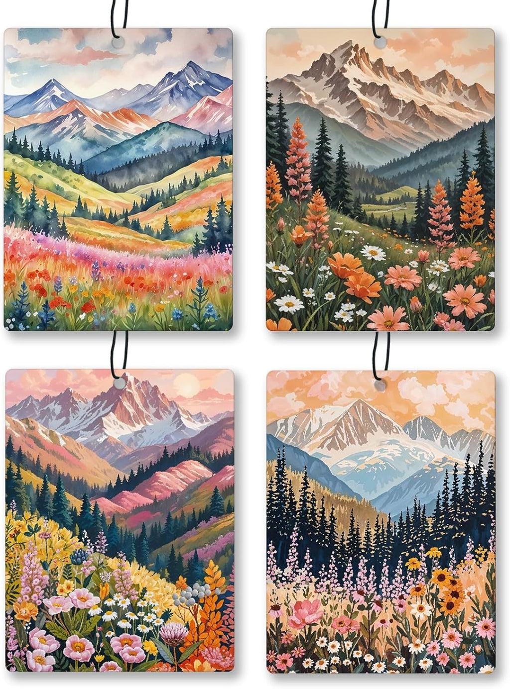 Maximalist Floral Mountain Car Air Freshener 4 Pcs, Boho Abstract Eclectic Flower Hanging Scents Air Freshener for Women Girls Gifts, Cute Scented Car Accessories Decor for Room Closet Drawer