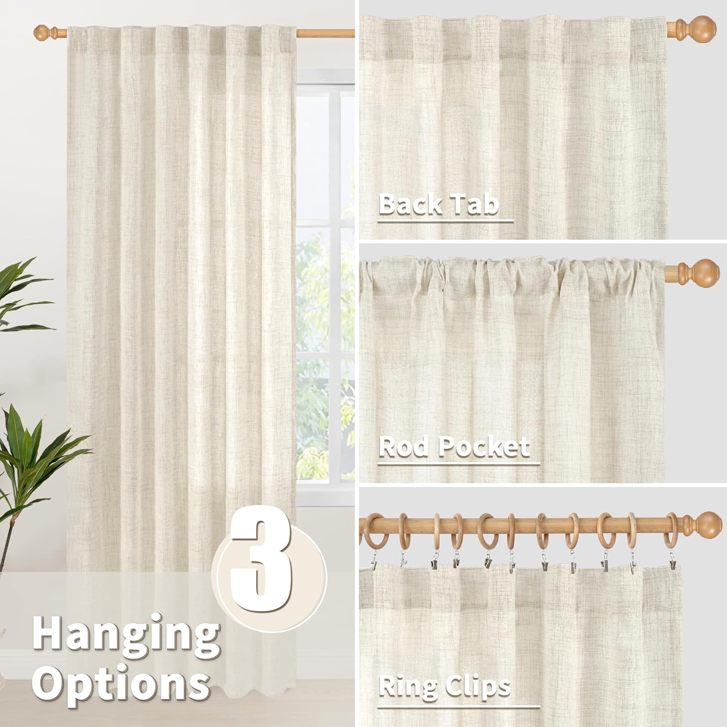 YoungsTex Linen Curtains 48 Inch Length for Kitchen, Semi Sheer Cream Window Drapes with Rod Pocket Back Tab Light Filtering Textured for Living Room Bedroom Bathroom, 2 Panels, 42 X 48 Inch
