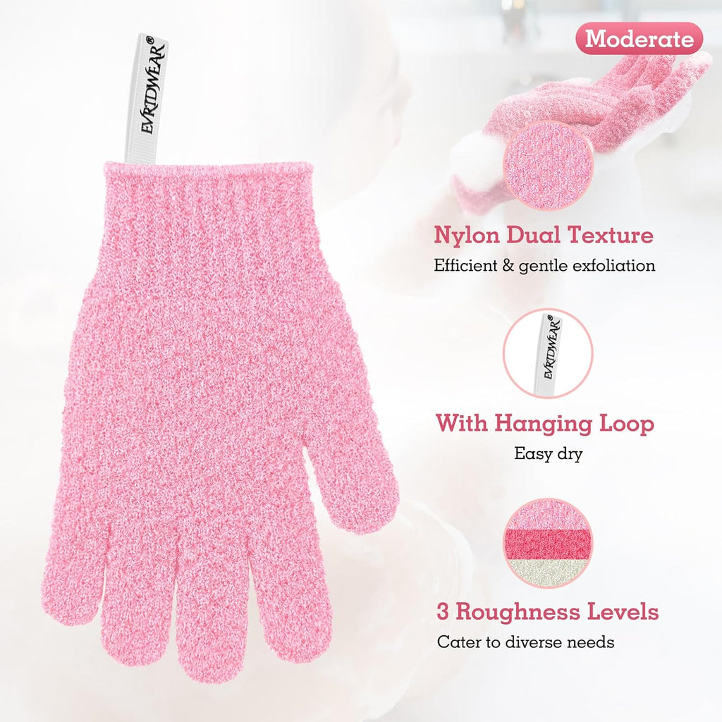 Evridwear Exfoliating Gloves for Shower, 100% Nylon Thick Soft Medium Heavy Bathing Gloves Dead Skin Remover Body Scrubber Smooth Skin with Hang Loop, 3 Pairs