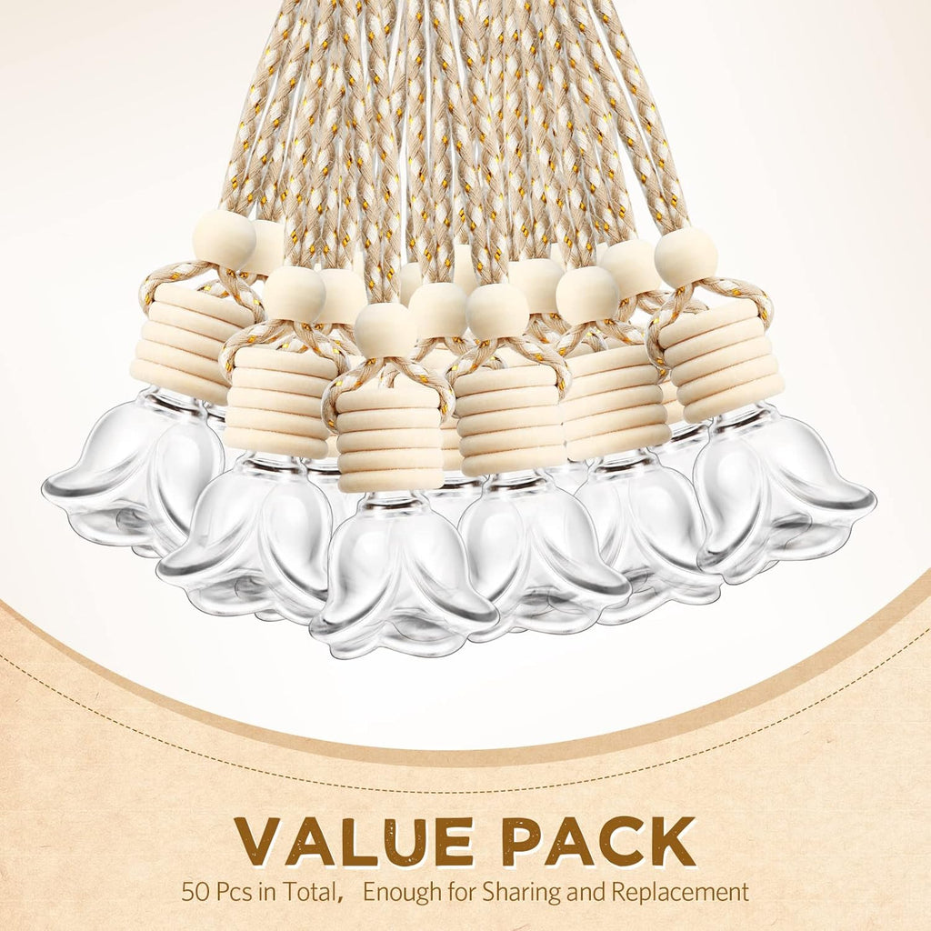 BBTO 50 Pcs Hanging Car Air Freshener Car Diffuser Bottles Empty Glass Perfume Bottle Freshener Diffuser Bottle Pendant for Essential Oil Fragrance Aromatherapy Bottle Ornament(Rose)