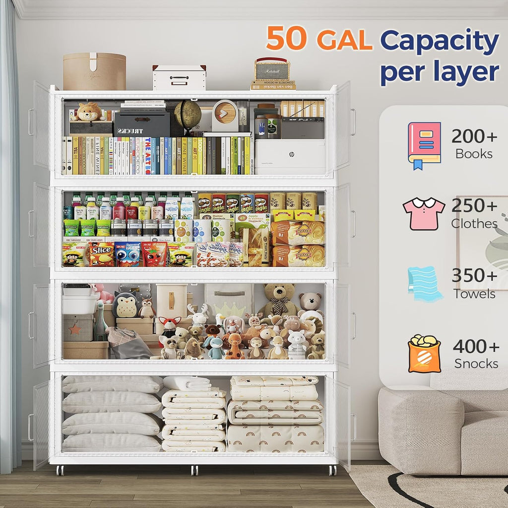 150 Gallon Extra Large Collapsible Storage Bin with Lid, 600QT Stackable Plastic Organizer with 6x Wheels, Foldable Drawer Cabinet for Closet, Living Room Office Dorm 3Pack, White