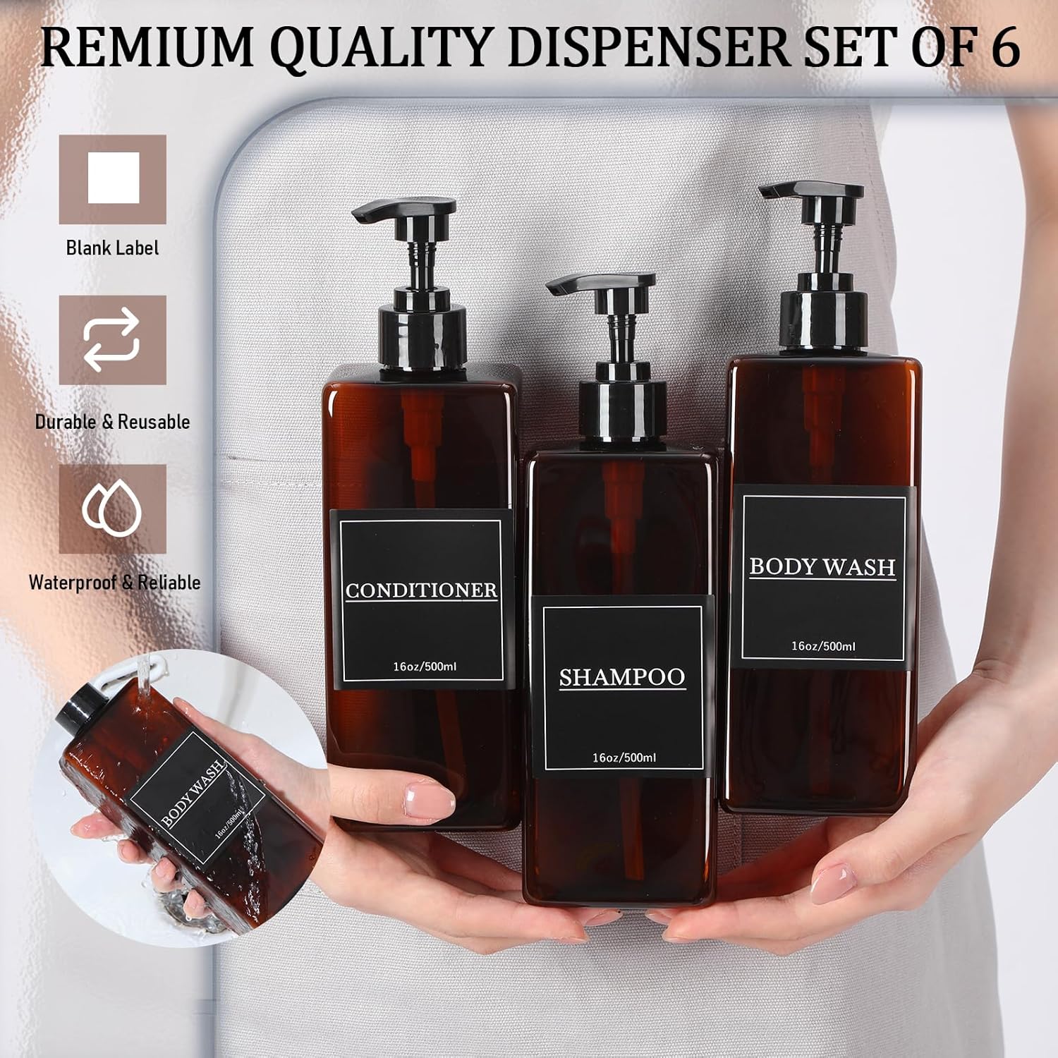 Tanlade 6 Pcs Shampoo and Conditioner Dispenser Bottles 16oz Modern Shower Soap Bottles with Pump, Labels and Marker Pen Easy to Refill Body Wash Dispensers for Home Bathroom Decoration(Brown)