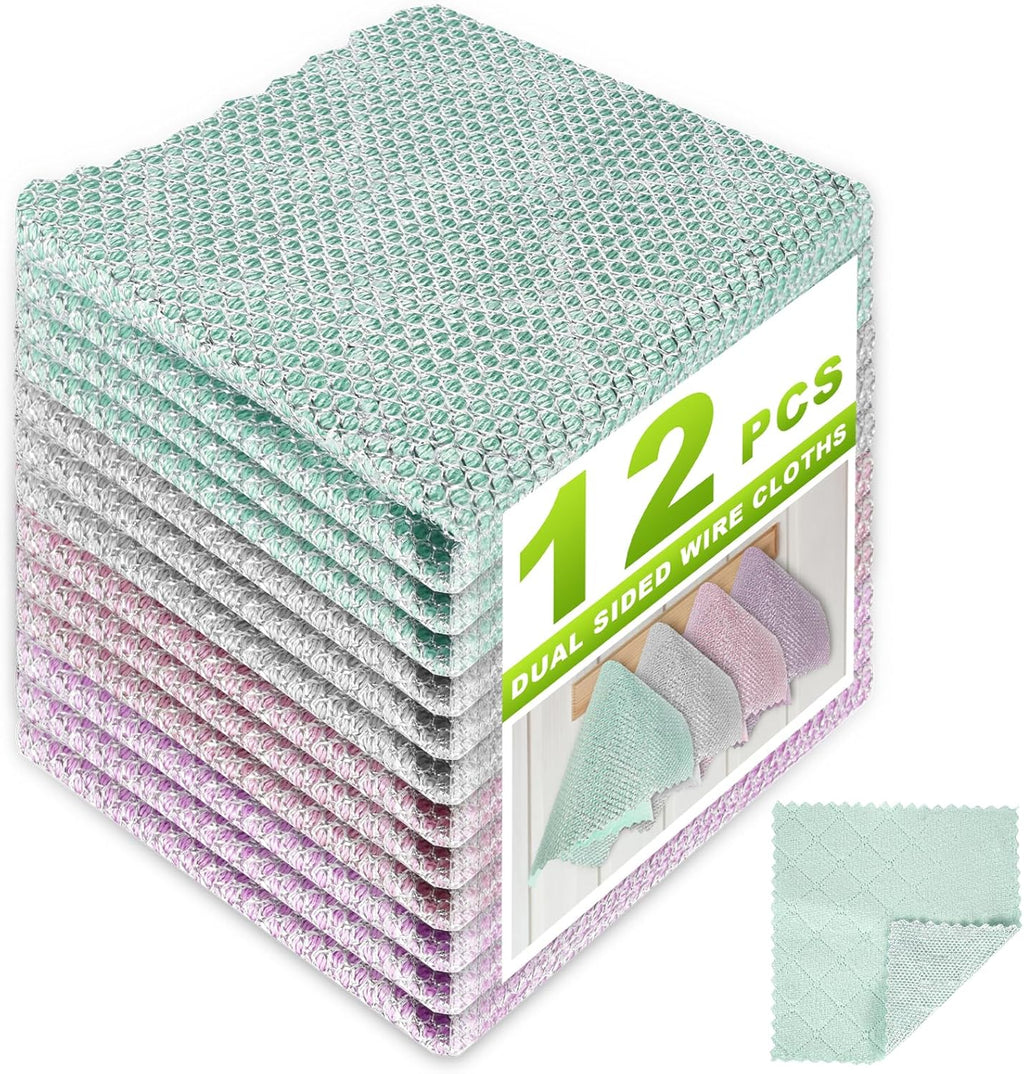 12 Pcs Multipurpose Wire Dishwashing Rag, Upgraded Double-Layer Non-Scratch Wire Dish Cleaning Cloths, Reusable Steel Scrubberfor Kitchen, Cookware, Sinks, Stove Tops, 10"x10"
