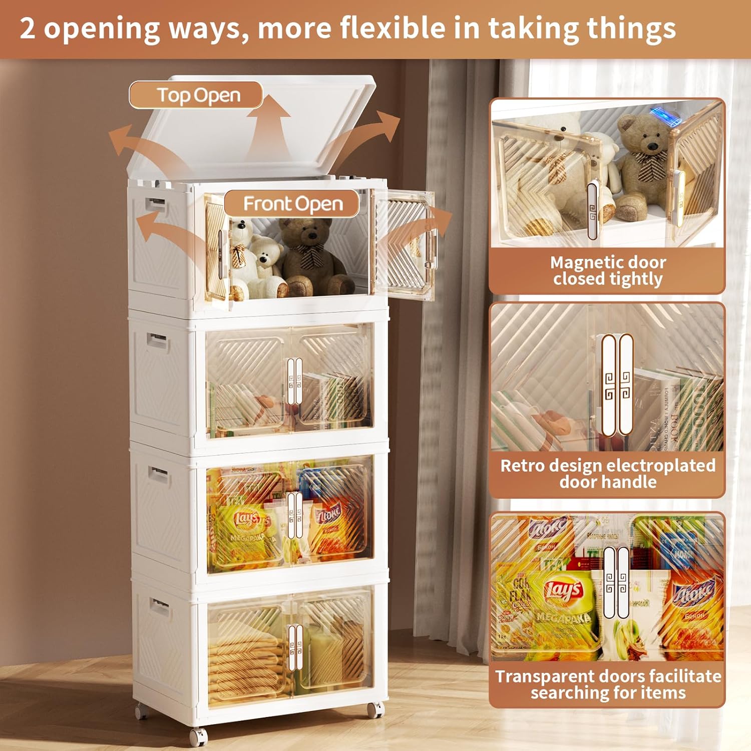 Storage Bins with Lid 48QT, Stackable Storage Containers with Wheels and Magnetic Doors, Plastic Clothes Closet Organizers and Storage Box for Pantry, Home and Office (4 Pack)