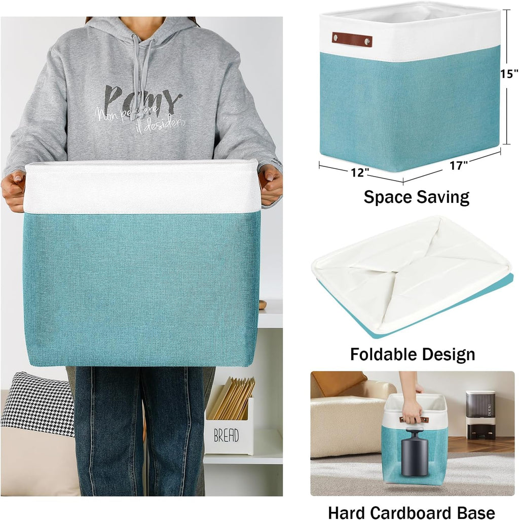 DULLEMELO Extra Large Storage Baskets, Fabric Storage Bins for Organizing Shelves Nursery Toys Books, Closet Baskets and Bins with Handles, White&Teal, 2-Pack