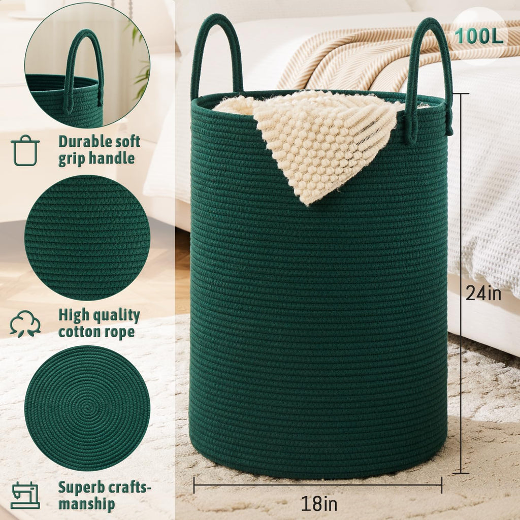 Laundry Basket,Woven Cotton Rope Laundry Hamper,100L for Decorative Storage of Dirty Clothes,Toys and Blankets in Bathroom,Baby Room and Living Room