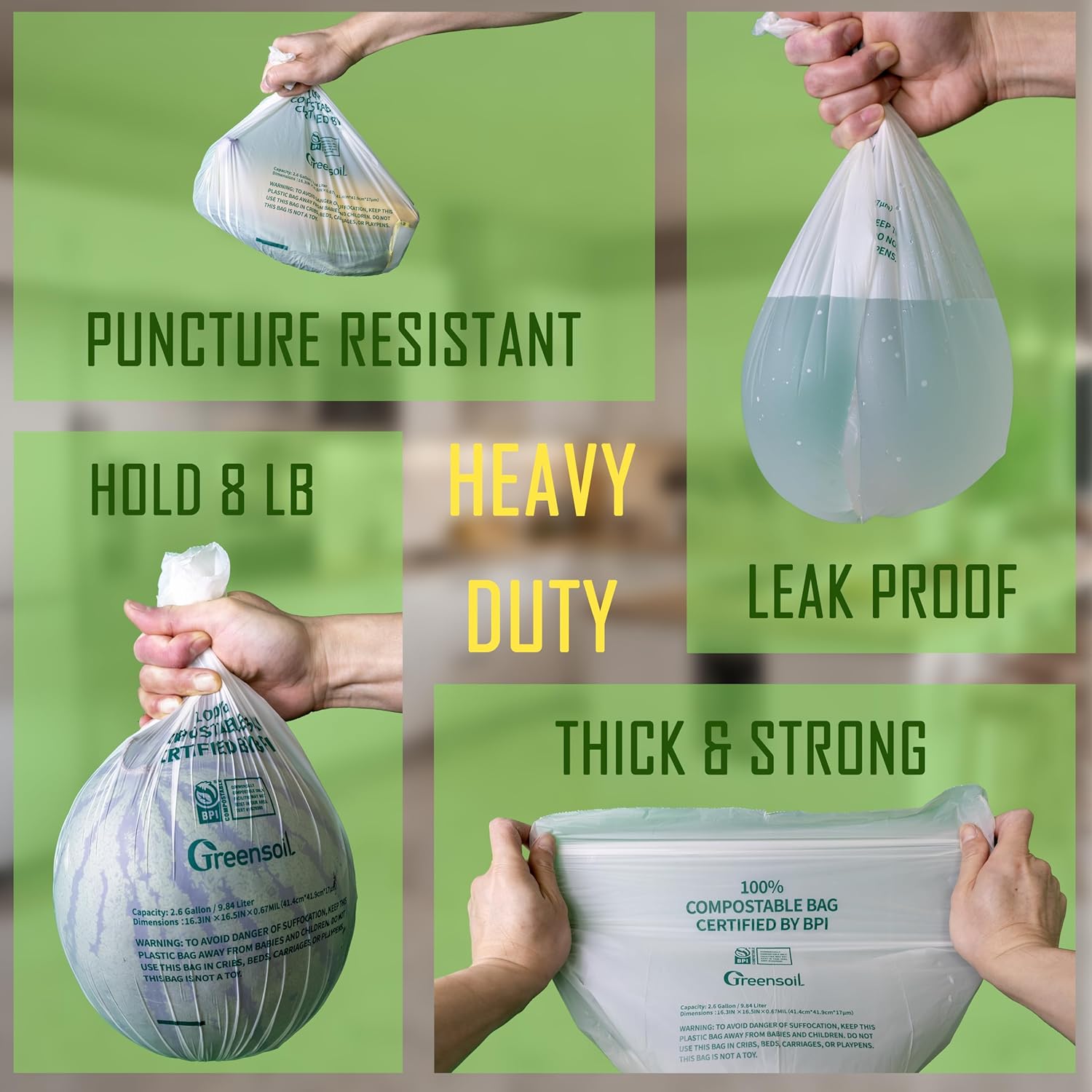 Greensoil 100% Compostable Waste Bags 2.6 Gallon, Extra Thick Kitchen Small Compost Bags for Countertop Bin, Bathroom or Office Waste, ASTM D6400 BPI Certified Compostable & Leak Proof, 100 Pack