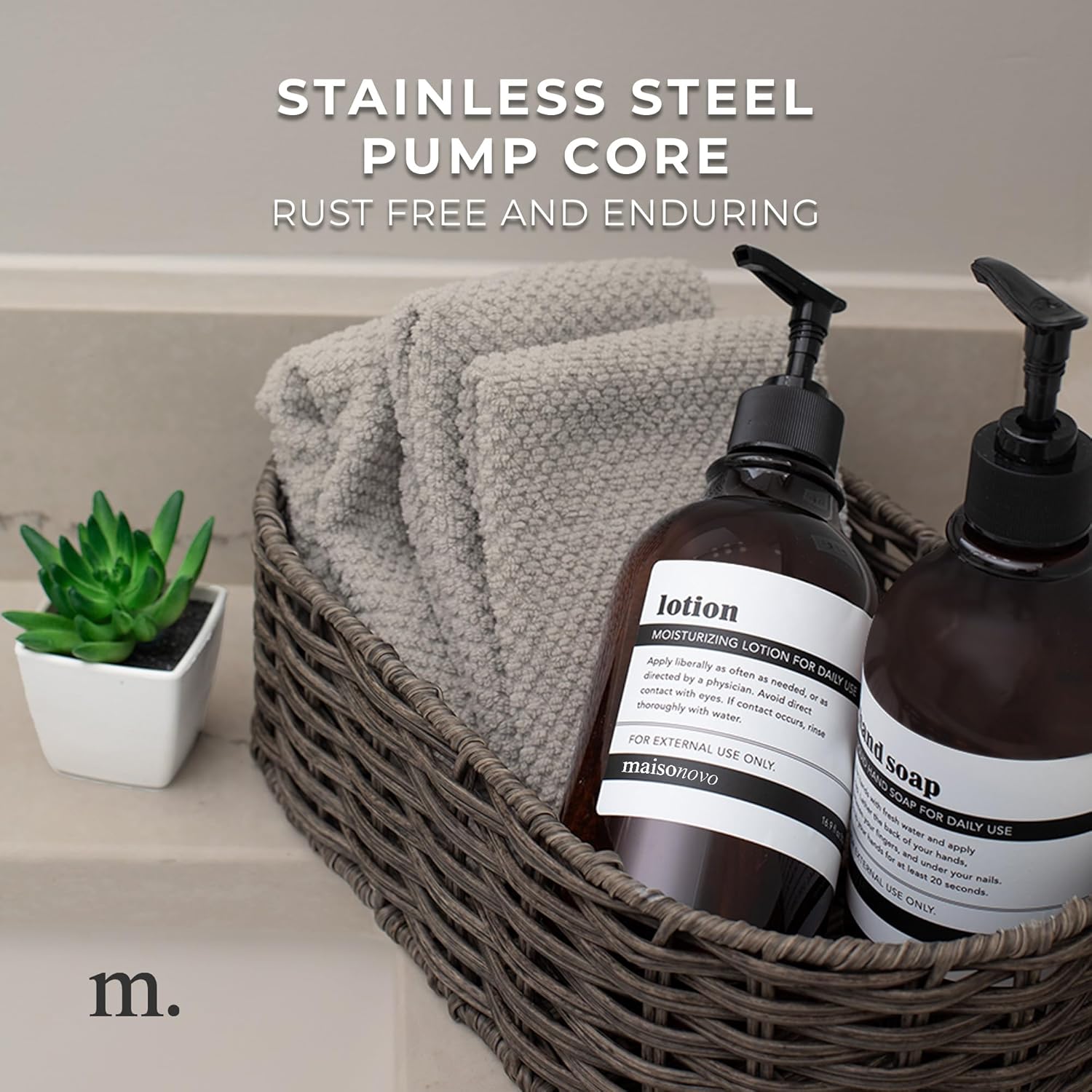 MaisoNovo Refillable Shampoo and Conditioner Bottles | 16.9 fl oz Set of 3 Amber Plastic Bottles Black Pumps