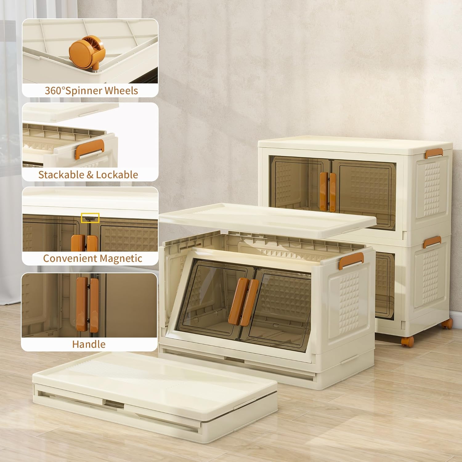 Plastic Stackable Storage Bins with Lids and Wheels, Foldable Closet Organizers and Storage Containers for Bathroom, Collapsible Clear Drawer Storage Cabinet with Doors White 22.4Gal 2Tiers